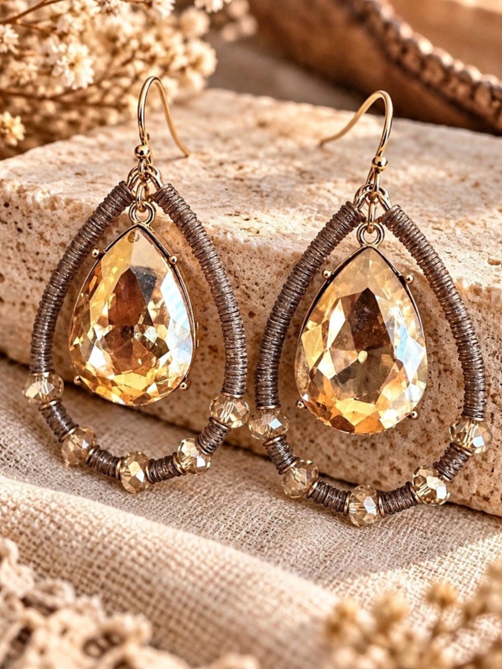 Pink panache Teardrop Statement Earrings in Brown & Gold